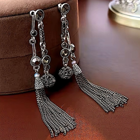 Antique Silver Rhinestone Earring Round Ball Long Fringe Tassel Earrings Boho - Picture 1 of 12
